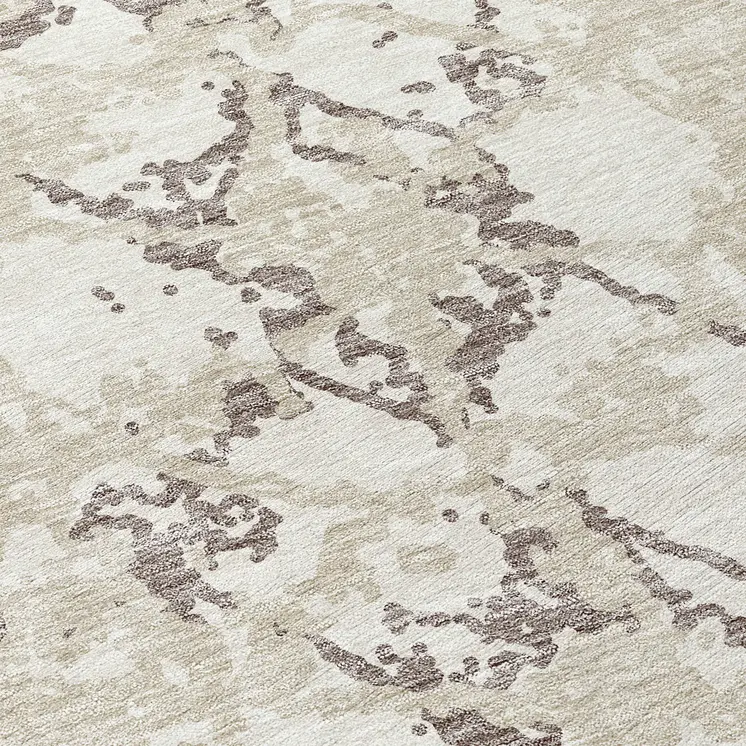 8' Ivory And Taupe Round Abstract Washable Indoor Outdoor Area Rug