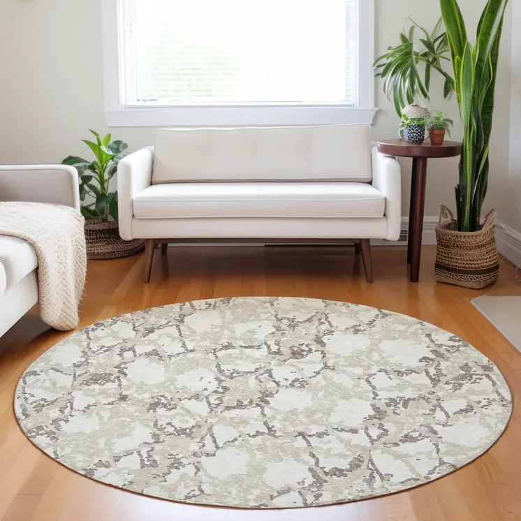8' Ivory And Taupe Round Abstract Washable Indoor Outdoor Area Rug