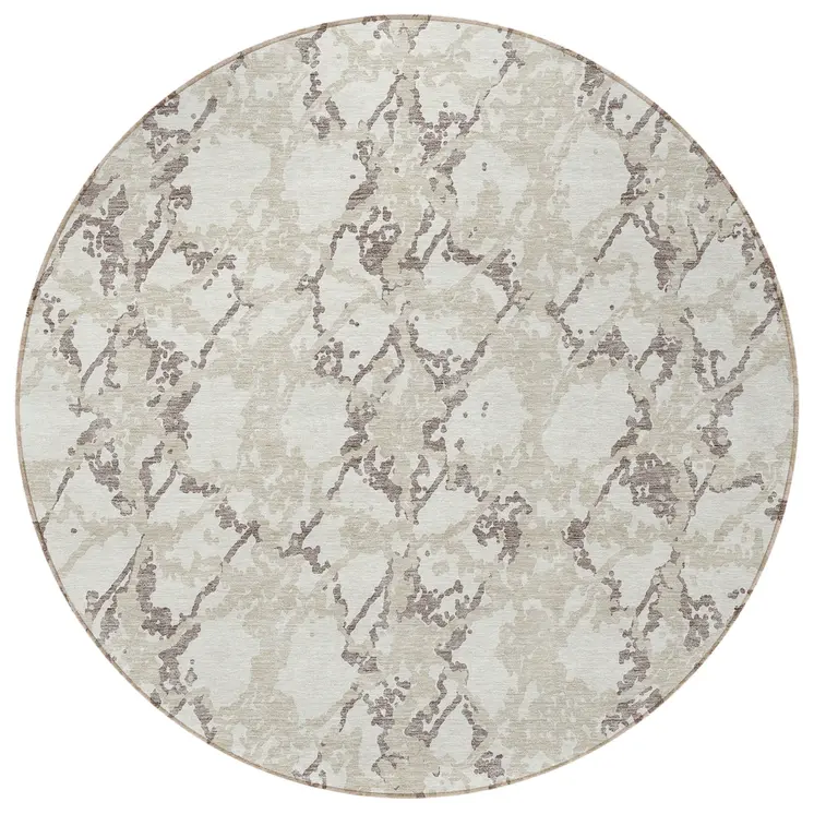 8' Ivory And Taupe Round Abstract Washable Indoor Outdoor Area Rug