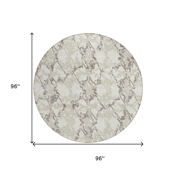 8' Ivory And Taupe Round Abstract Washable Indoor Outdoor Area Rug