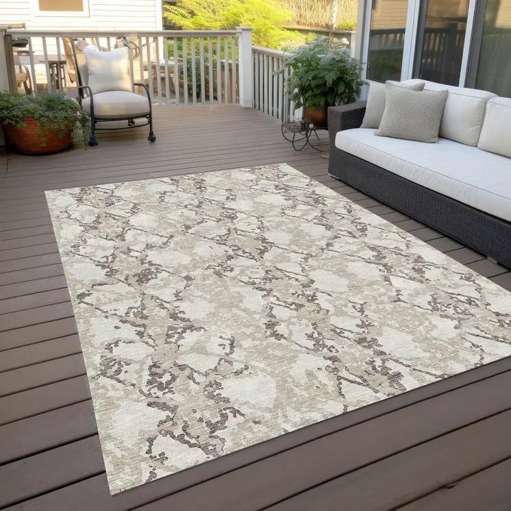 9' X 12' Ivory And Taupe Abstract Washable Indoor Outdoor Area Rug