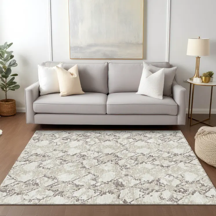 9' X 12' Ivory And Taupe Abstract Washable Indoor Outdoor Area Rug