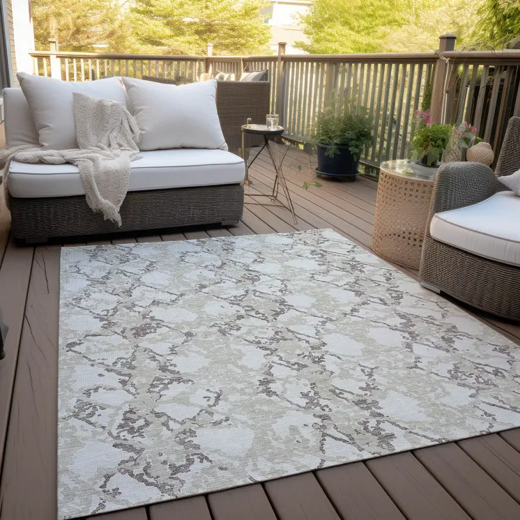 9' X 12' Ivory And Taupe Abstract Washable Indoor Outdoor Area Rug