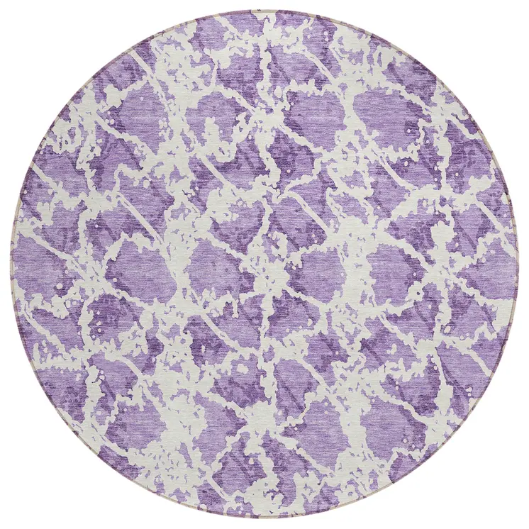 8' Lilac And Ivory Round Abstract Washable Indoor Outdoor Area Rug