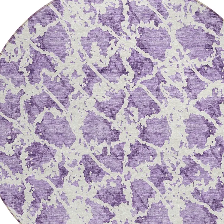 8' Lilac And Ivory Round Abstract Washable Indoor Outdoor Area Rug