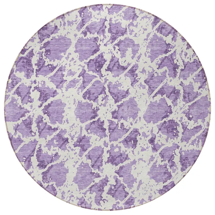 8' Lilac And Ivory Round Abstract Washable Indoor Outdoor Area Rug