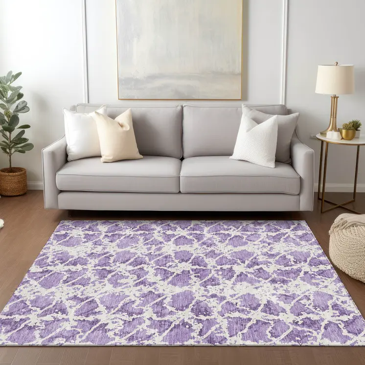 10' X 14' Lilac And Ivory Abstract Washable Indoor Outdoor Area Rug