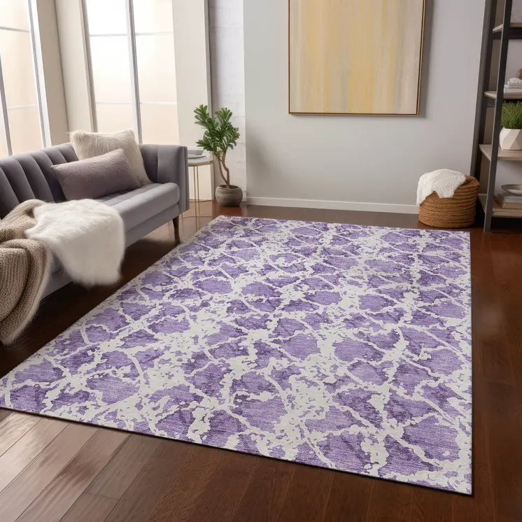 10' X 14' Lilac And Ivory Abstract Washable Indoor Outdoor Area Rug