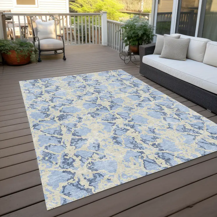 5' X 8' Sky Blue And Ivory Abstract Washable Indoor Outdoor Area Rug