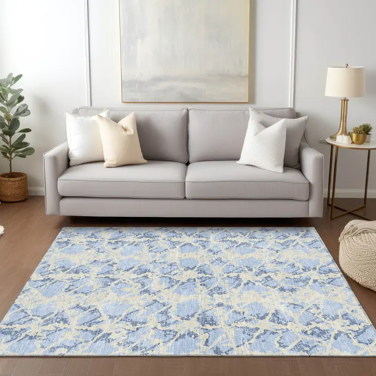 5' X 8' Sky Blue And Ivory Abstract Washable Indoor Outdoor Area Rug