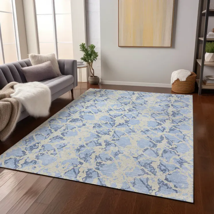 5' X 8' Sky Blue And Ivory Abstract Washable Indoor Outdoor Area Rug