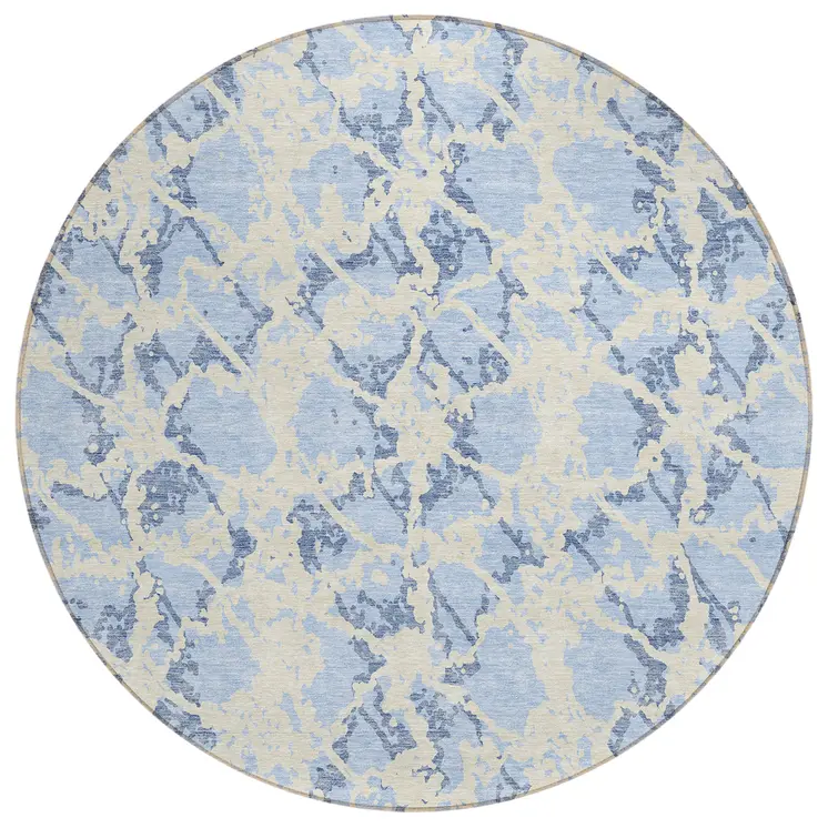 8' Sky Blue And Ivory Round Abstract Washable Indoor Outdoor Area Rug