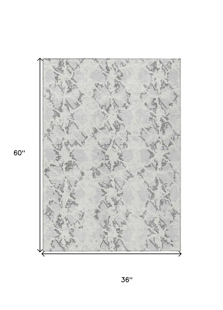 3' X 5' Silver And Ivory Abstract Washable Indoor Outdoor Area Rug