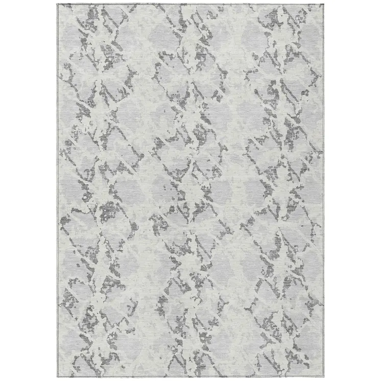 5' X 8' Silver And Ivory Abstract Washable Indoor Outdoor Area Rug