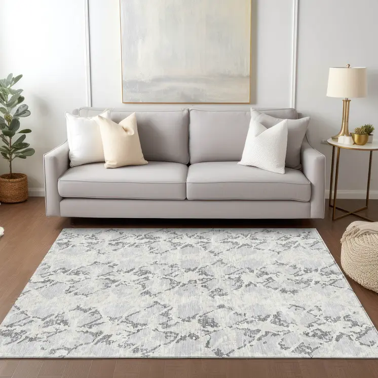 5' X 8' Silver And Ivory Abstract Washable Indoor Outdoor Area Rug