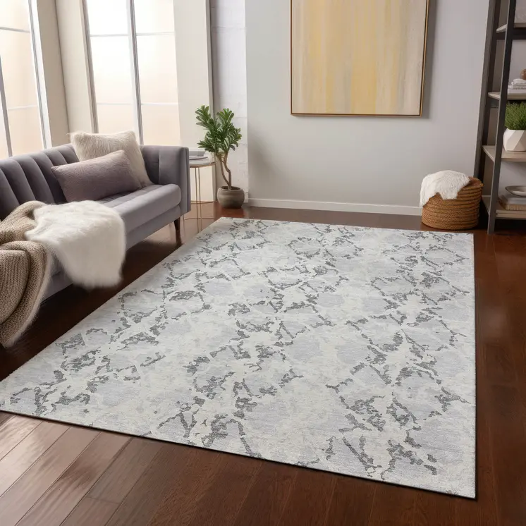 5' X 8' Silver And Ivory Abstract Washable Indoor Outdoor Area Rug