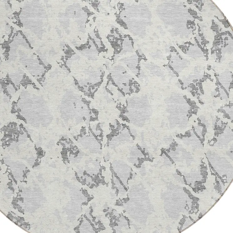 8' Silver And Ivory Round Abstract Washable Indoor Outdoor Area Rug