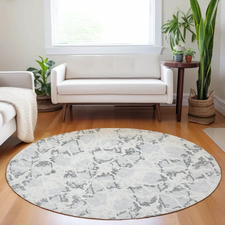 8' Silver And Ivory Round Abstract Washable Indoor Outdoor Area Rug