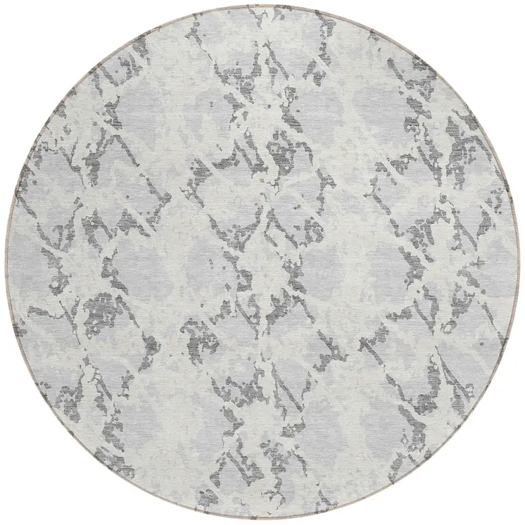 8' Silver And Ivory Round Abstract Washable Indoor Outdoor Area Rug
