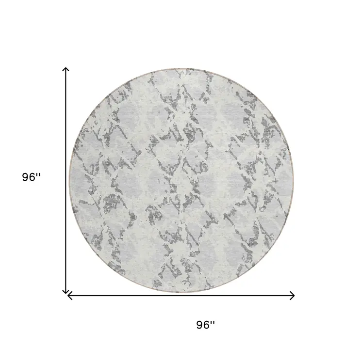 8' Silver And Ivory Round Abstract Washable Indoor Outdoor Area Rug