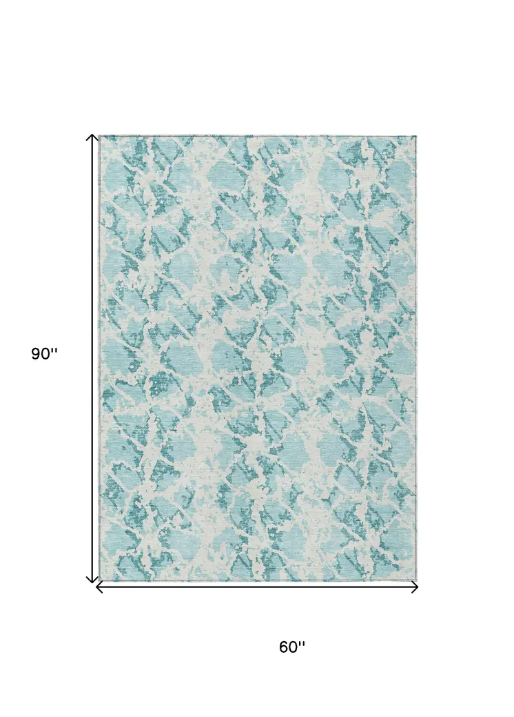 5' X 8' Teal Blue And Ivory Abstract Washable Indoor Outdoor Area Rug