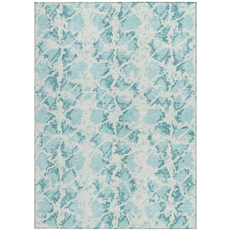 5' X 8' Teal Blue And Ivory Abstract Washable Indoor Outdoor Area Rug