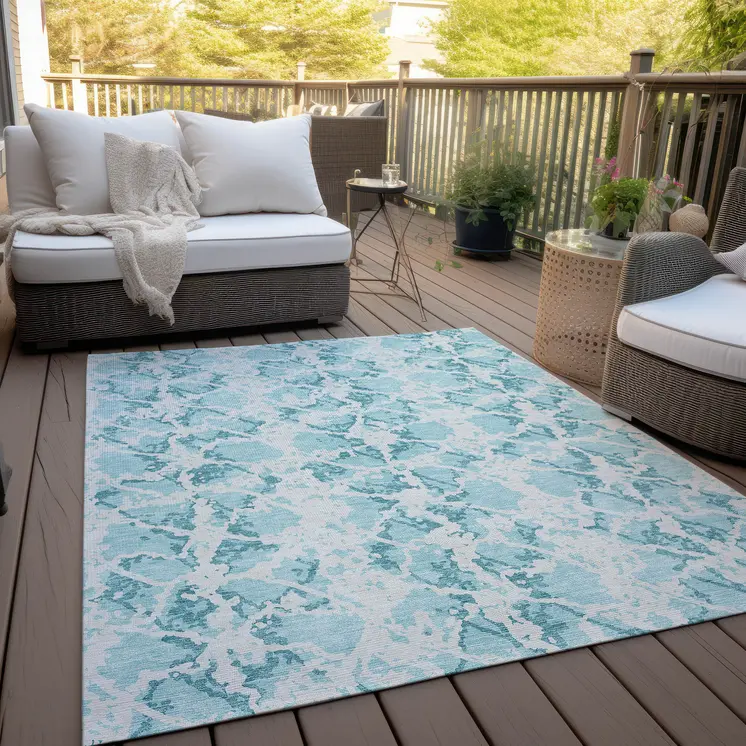 5' X 8' Teal Blue And Ivory Abstract Washable Indoor Outdoor Area Rug
