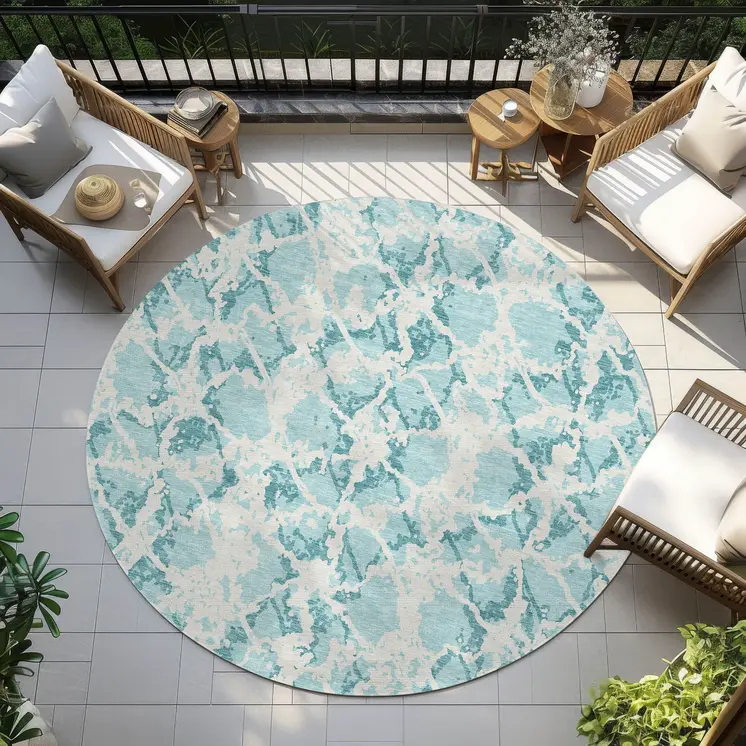 8' Teal Blue And Ivory Round Abstract Washable Indoor Outdoor Area Rug