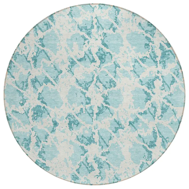 8' Teal Blue And Ivory Round Abstract Washable Indoor Outdoor Area Rug