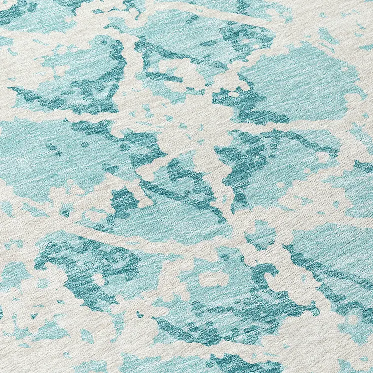 8' Teal Blue And Ivory Round Abstract Washable Indoor Outdoor Area Rug