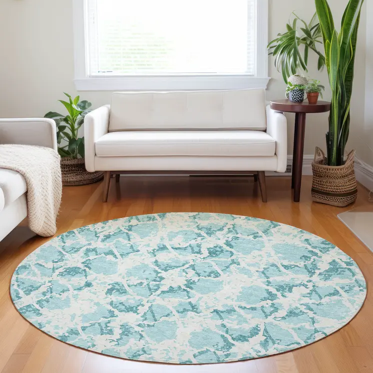 8' Teal Blue And Ivory Round Abstract Washable Indoor Outdoor Area Rug