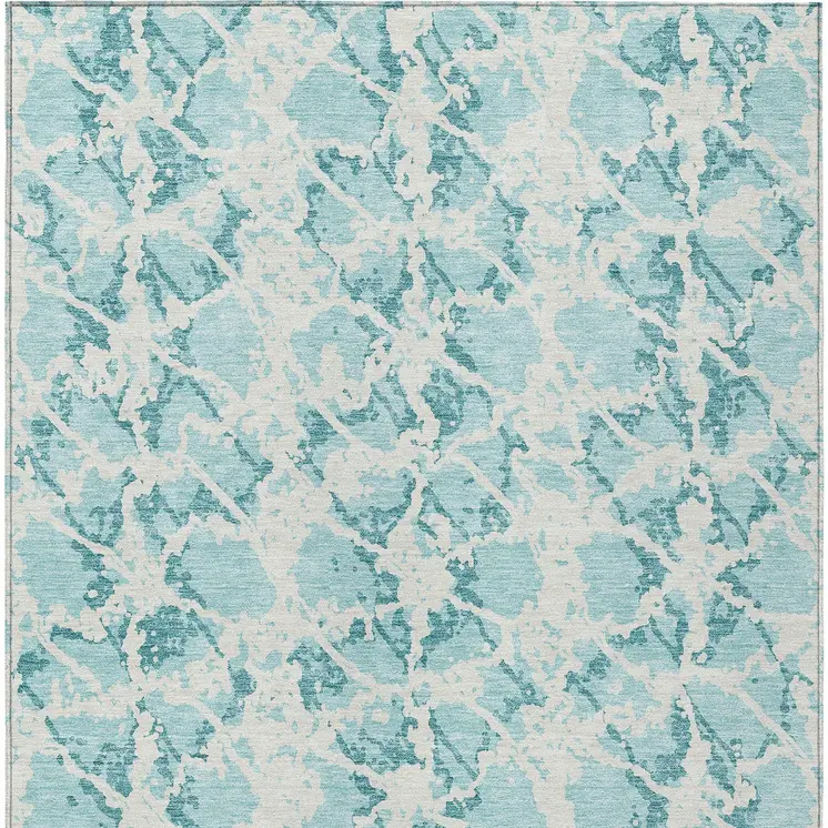 10' X 14' Teal Blue And Ivory Abstract Washable Indoor Outdoor Area Rug