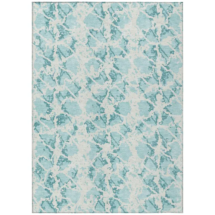 10' X 14' Teal Blue And Ivory Abstract Washable Indoor Outdoor Area Rug