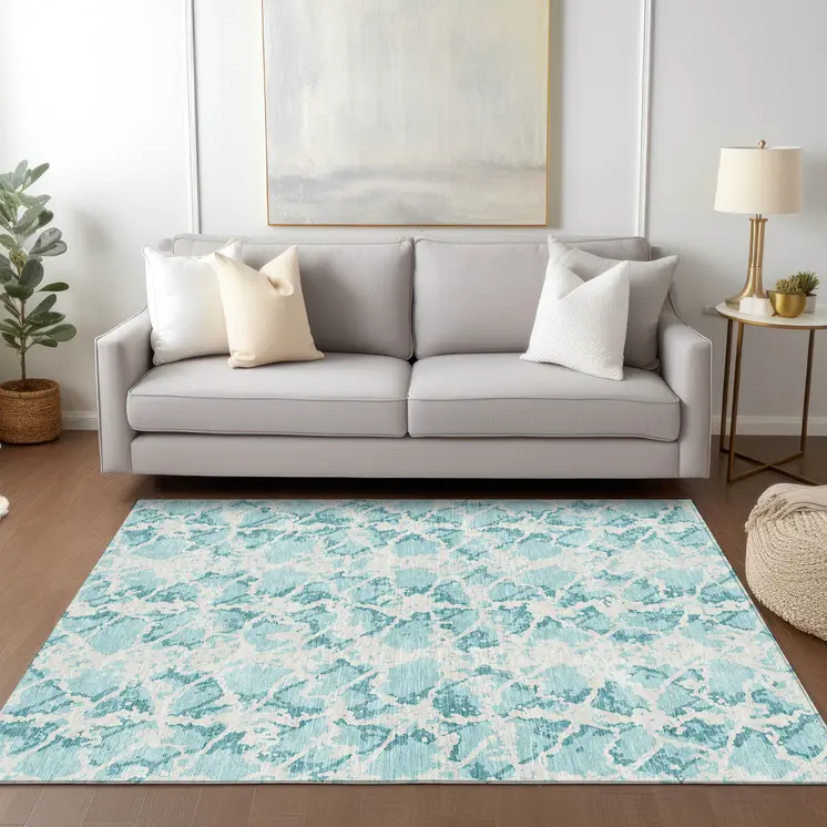 10' X 14' Teal Blue And Ivory Abstract Washable Indoor Outdoor Area Rug