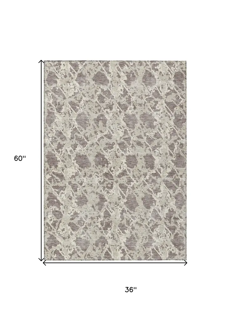 3' X 5' Taupe And Ivory Abstract Washable Indoor Outdoor Area Rug