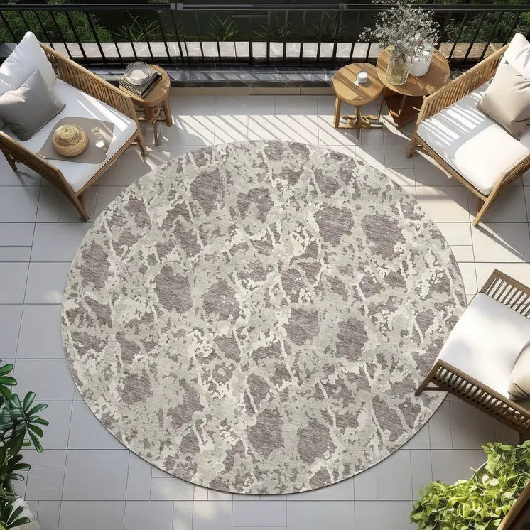 8' Taupe And Ivory Round Abstract Washable Indoor Outdoor Area Rug