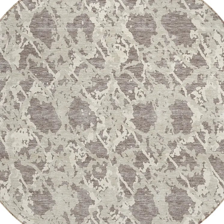8' Taupe And Ivory Round Abstract Washable Indoor Outdoor Area Rug