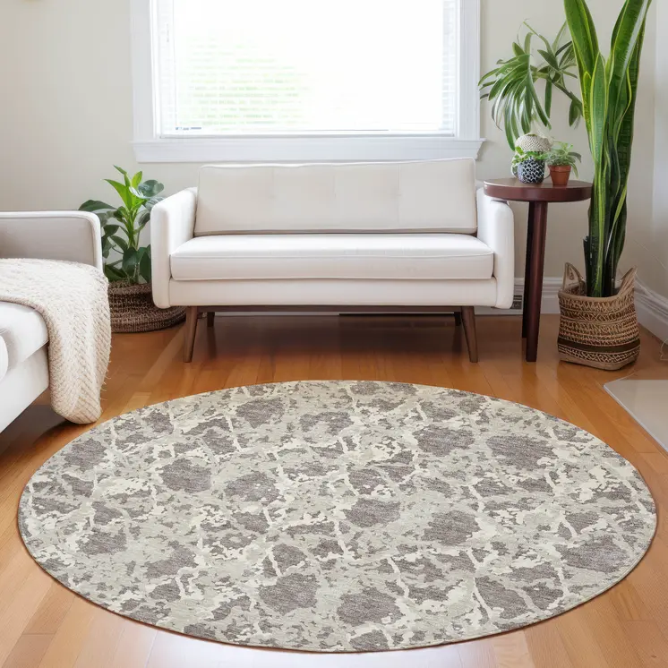 8' Taupe And Ivory Round Abstract Washable Indoor Outdoor Area Rug