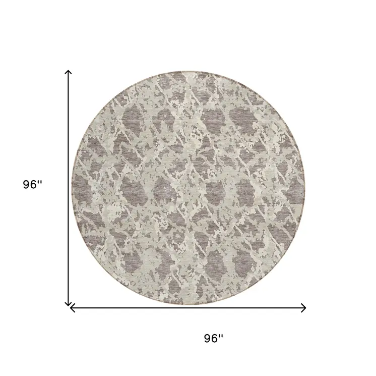 8' Taupe And Ivory Round Abstract Washable Indoor Outdoor Area Rug