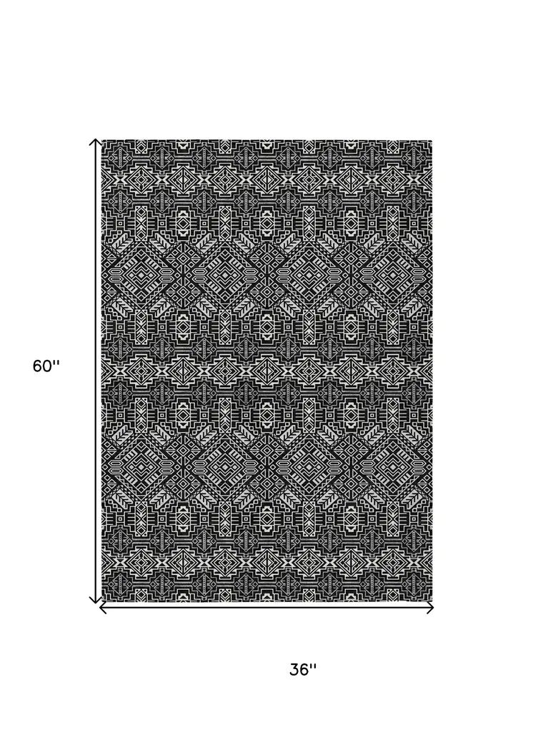 3' X 5' Black And Ivory Tribal Washable Indoor Outdoor Area Rug