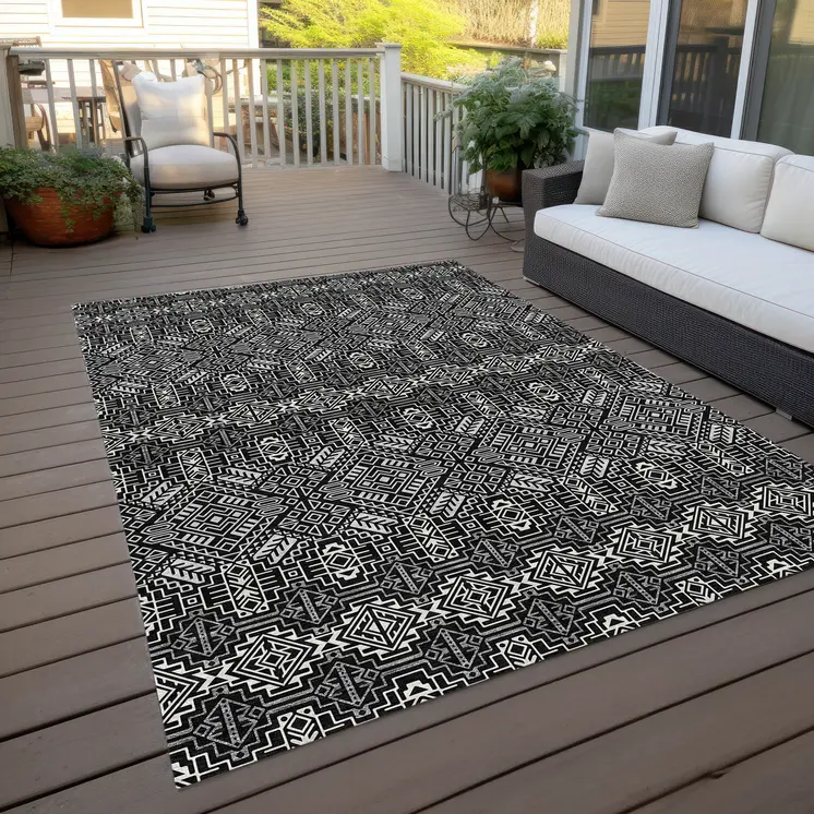 3' X 5' Black And Ivory Tribal Washable Indoor Outdoor Area Rug