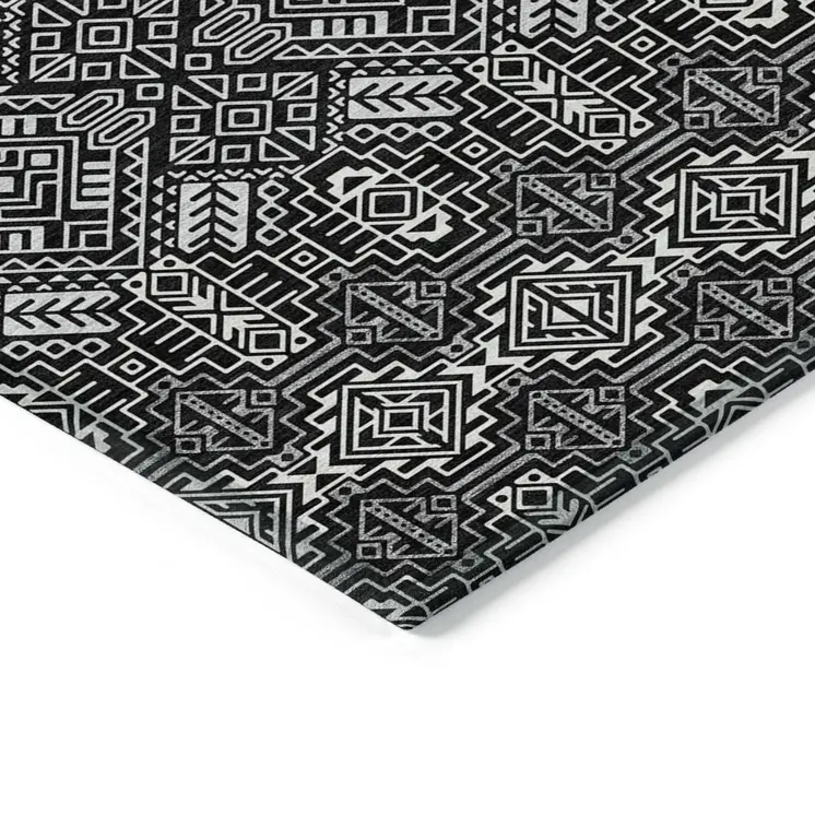3' X 5' Black And Ivory Tribal Washable Indoor Outdoor Area Rug