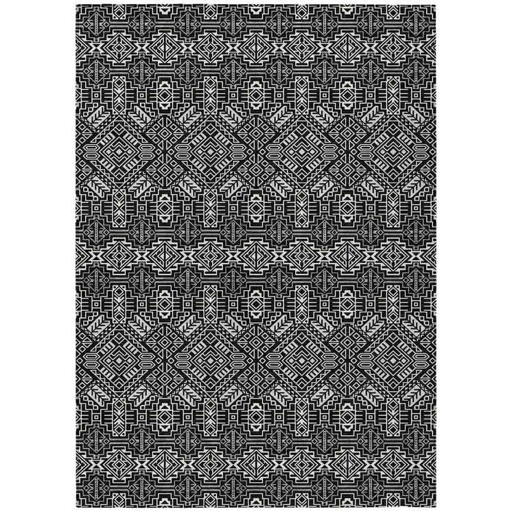 5' X 8' Black And Ivory Tribal Washable Indoor Outdoor Area Rug