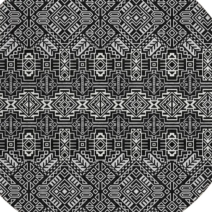 8' Black And Ivory Round Tribal Washable Indoor Outdoor Area Rug
