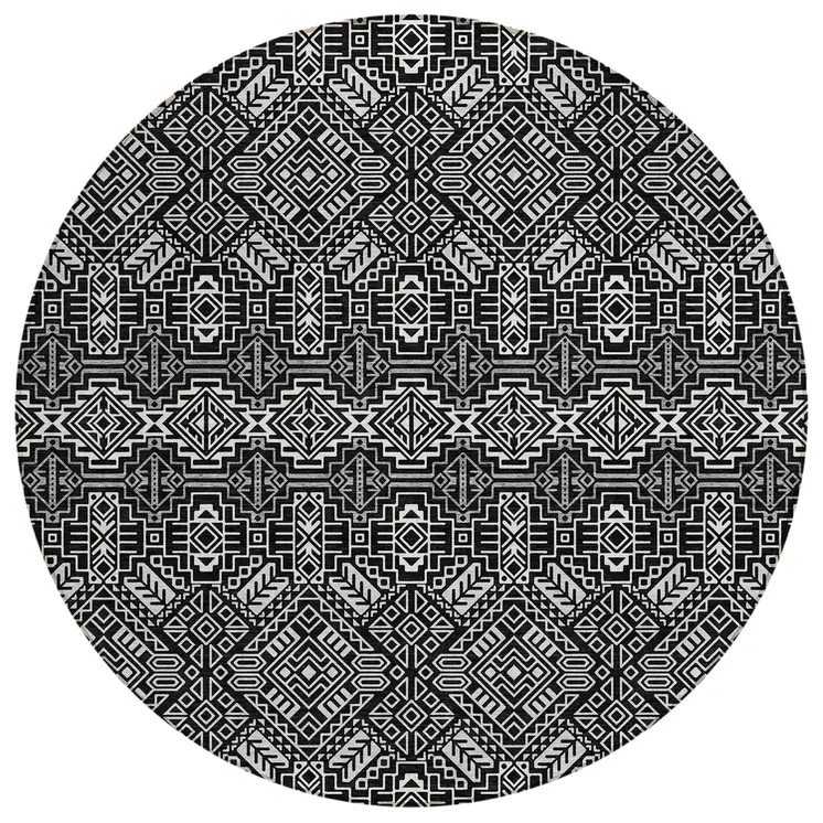 8' Black And Ivory Round Tribal Washable Indoor Outdoor Area Rug