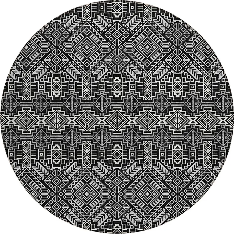 8' Black And Ivory Round Tribal Washable Indoor Outdoor Area Rug