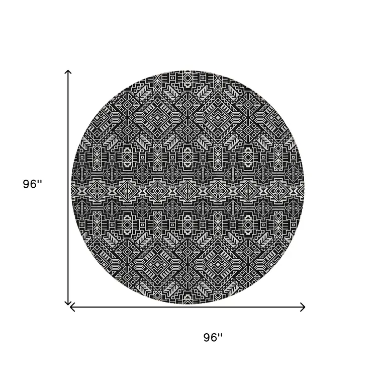 8' Black And Ivory Round Tribal Washable Indoor Outdoor Area Rug