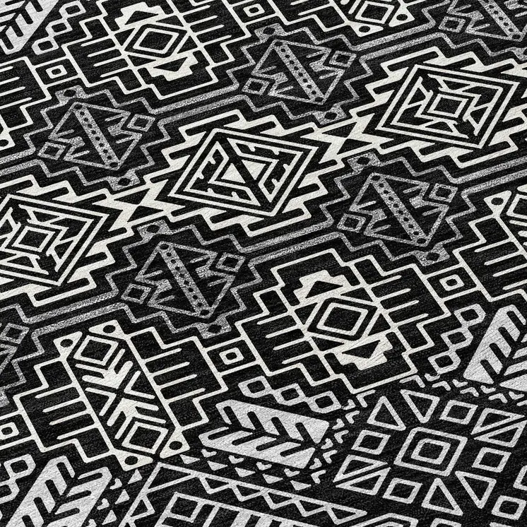 8' Black And Ivory Round Tribal Washable Indoor Outdoor Area Rug
