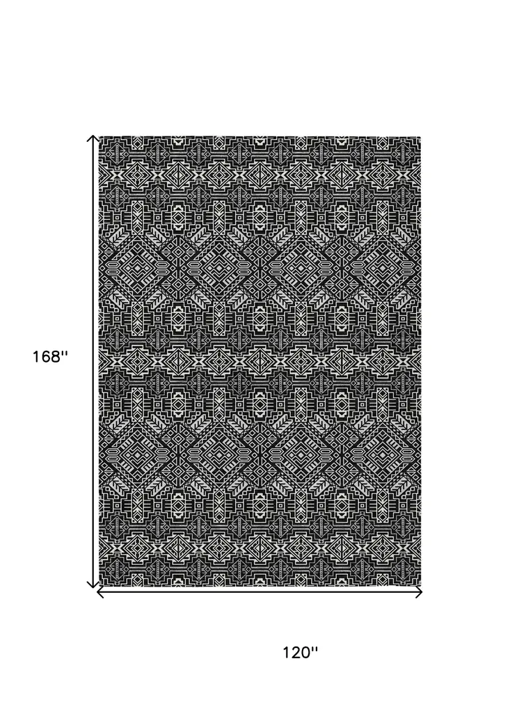 10' X 14' Black And Ivory Tribal Washable Indoor Outdoor Area Rug