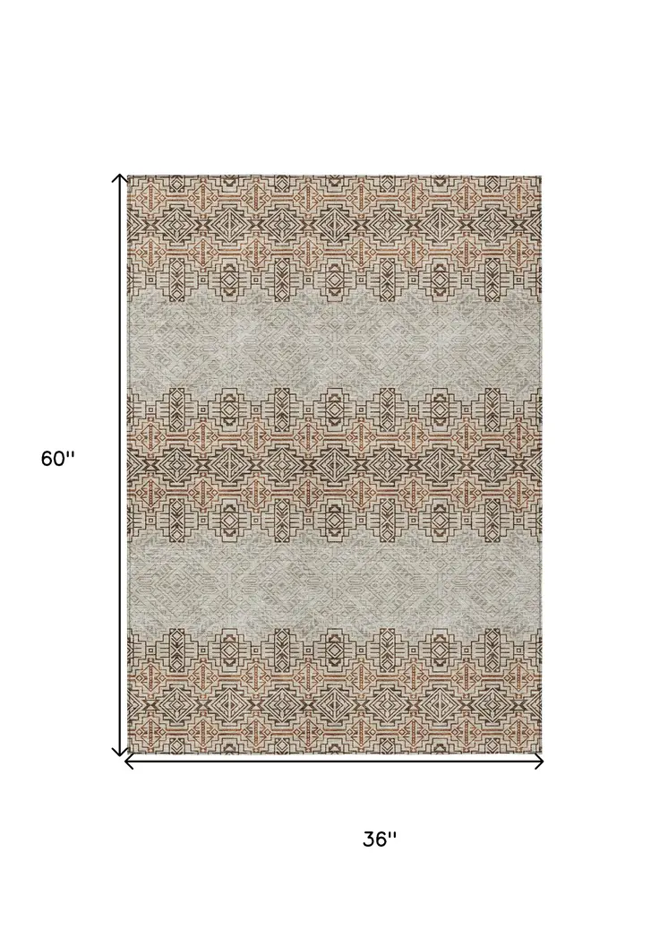 3' X 5' Brown And Beige Tribal Washable Indoor Outdoor Area Rug